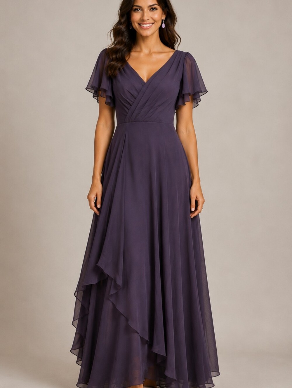Da Vinci Bridal Chiffon A-Line Dress Slate Gray Flutter Sleeve Size 12